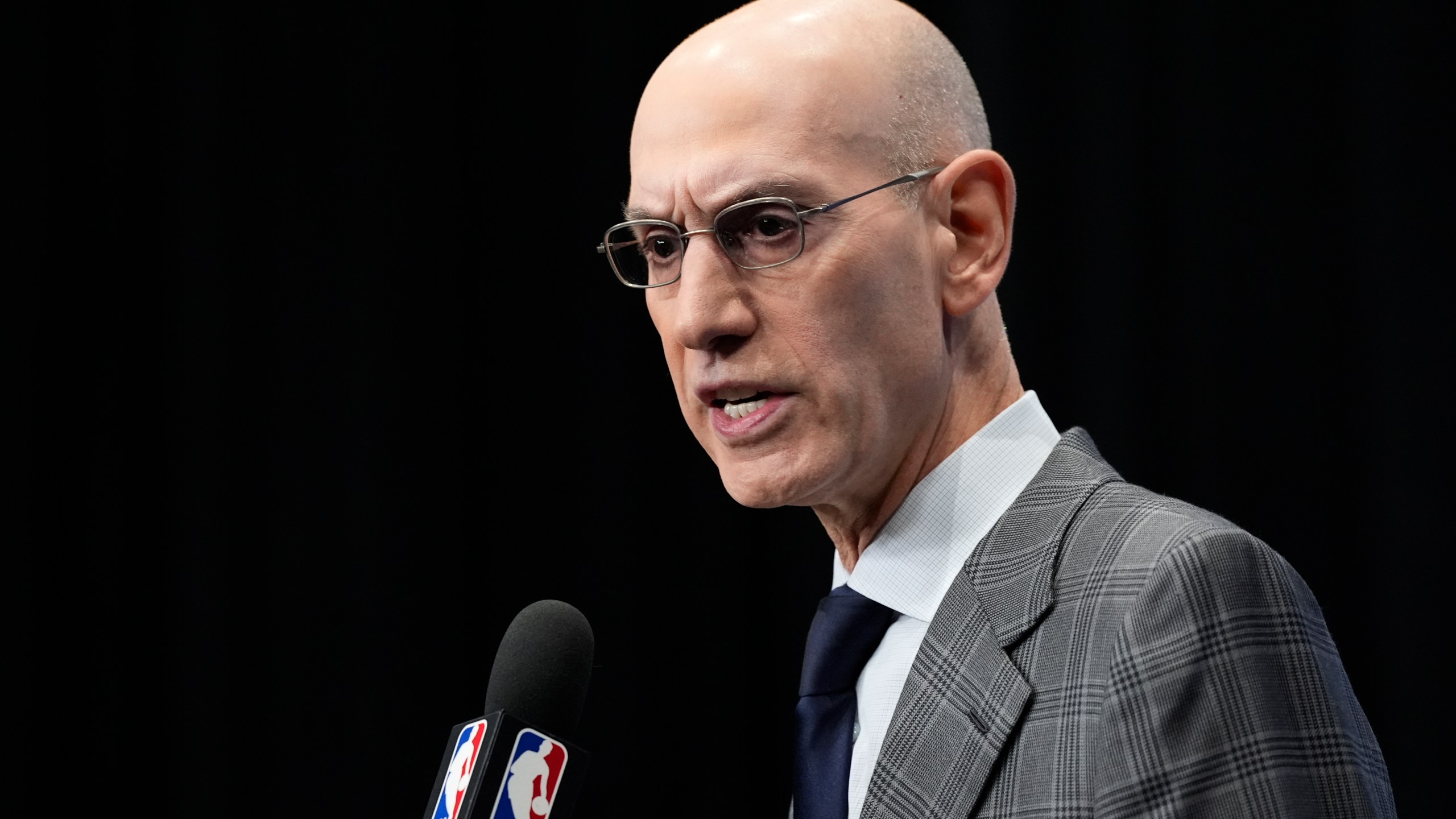 NBA Commissioner Adam Silver speaks during a press conference at the NBA basketball All-Star Saturday night festivities Saturday, Feb. 15, 2025, in San Francisco. (AP Photo/Godofredo A. Vásquez)