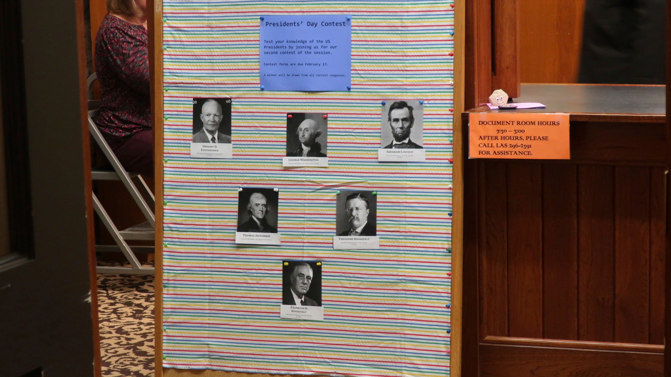 The Presidents Day holiday has inspired this contest sponsored by workers in the Kansas Legislature's documents room at the Statehouse, Friday, Feb. 14, 2025, in Topeka, Kansas. (AP Photo/John Hanna)