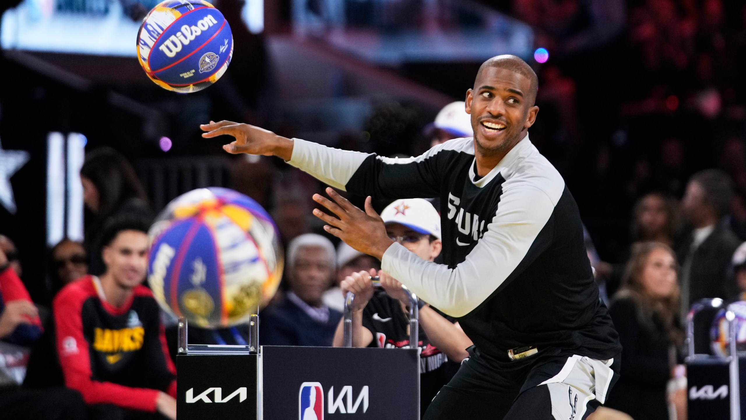 San Antonio Spurs guard Chris Paul competes during the skills challenge at the NBA basketball All-Star Saturday night festivities Saturday, Feb. 15, 2025, in San Francisco. (AP Photo/Godofredo A. Vásquez)