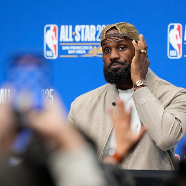 Los Angeles Lakers forward LeBron James fields questions during a press conference before the NBA basketball All-Star game Sunday, Feb. 16, 2025, in San Francisco. (AP Photo/Godofredo A. Vásquez)