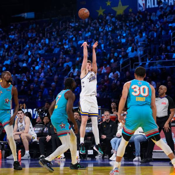 Los Angeles Lakers forward Dalton Knecht shoots during the NBA All-Star basketball game Sunday, Feb. 16, 2025, in San Francisco. (AP Photo/Godofredo A. Vásquez)