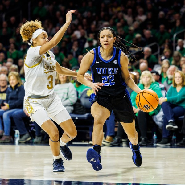 Duke guard Taina Mair (22) drives as Notre Dame guard Hannah Hidalgo (3) defends during the second half of an NCAA college basketball game, Monday, Feb. 17, 2025, in South Bend, Ind. (AP Photo/John Mersits)