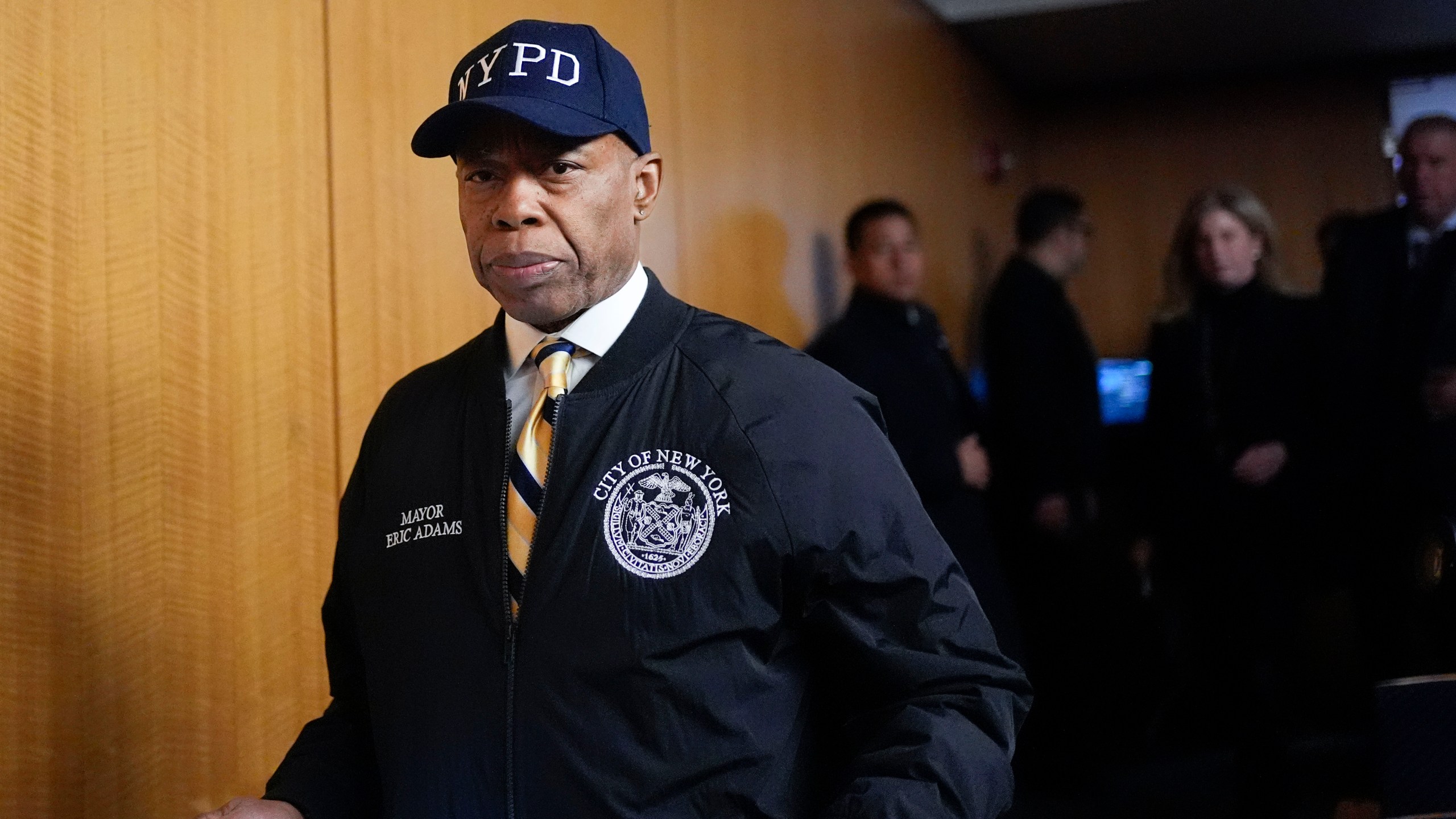 New York City mayor Eric Adams arrives to a news conference in New York, Tuesday, Feb. 18, 2025. (AP Photo/Seth Wenig)