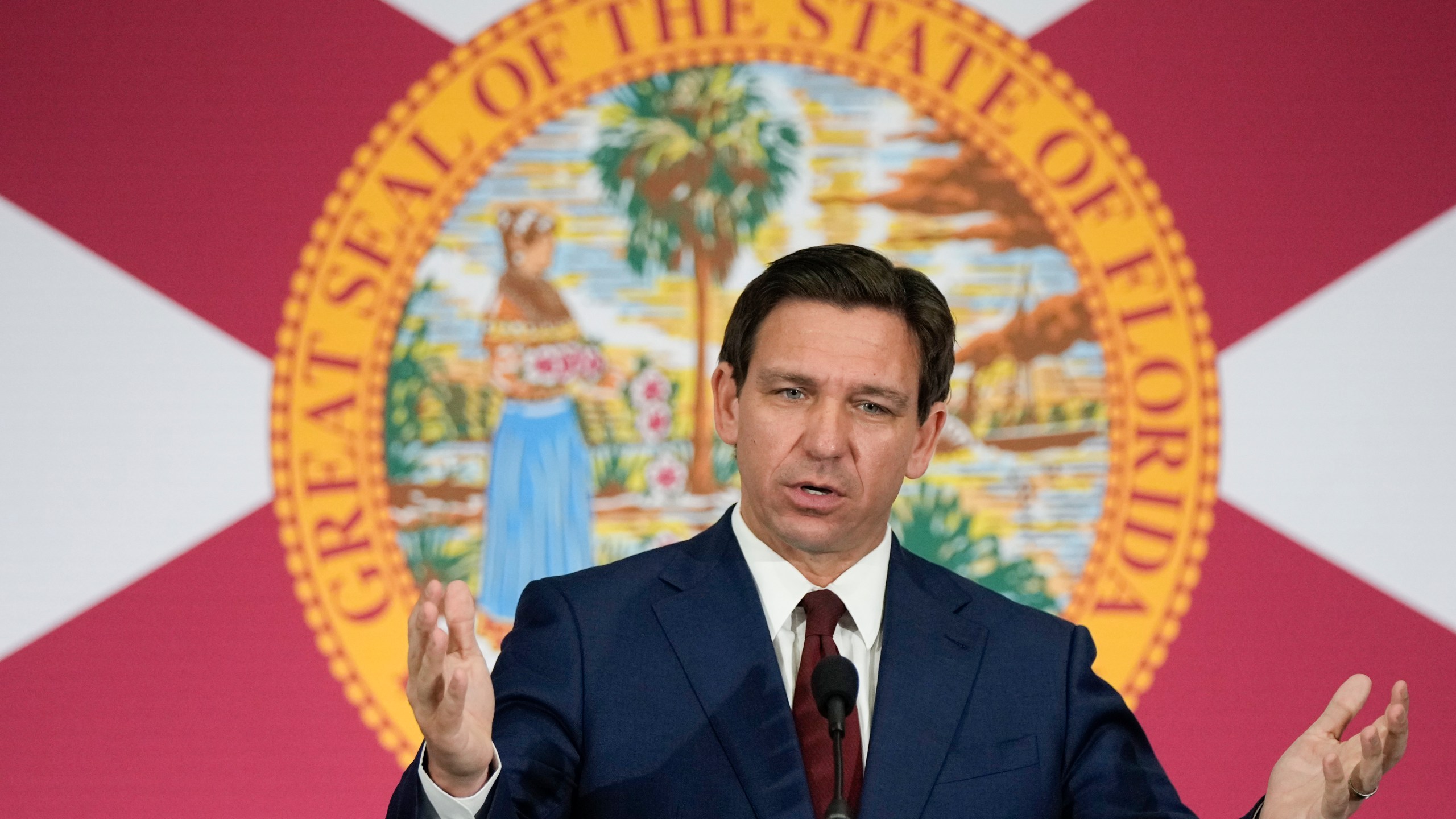 FILE - Florida Gov. Ron DeSantis speaks during a news conference in Miami, May 9, 2023. (AP Photo/Rebecca Blackwell, File)