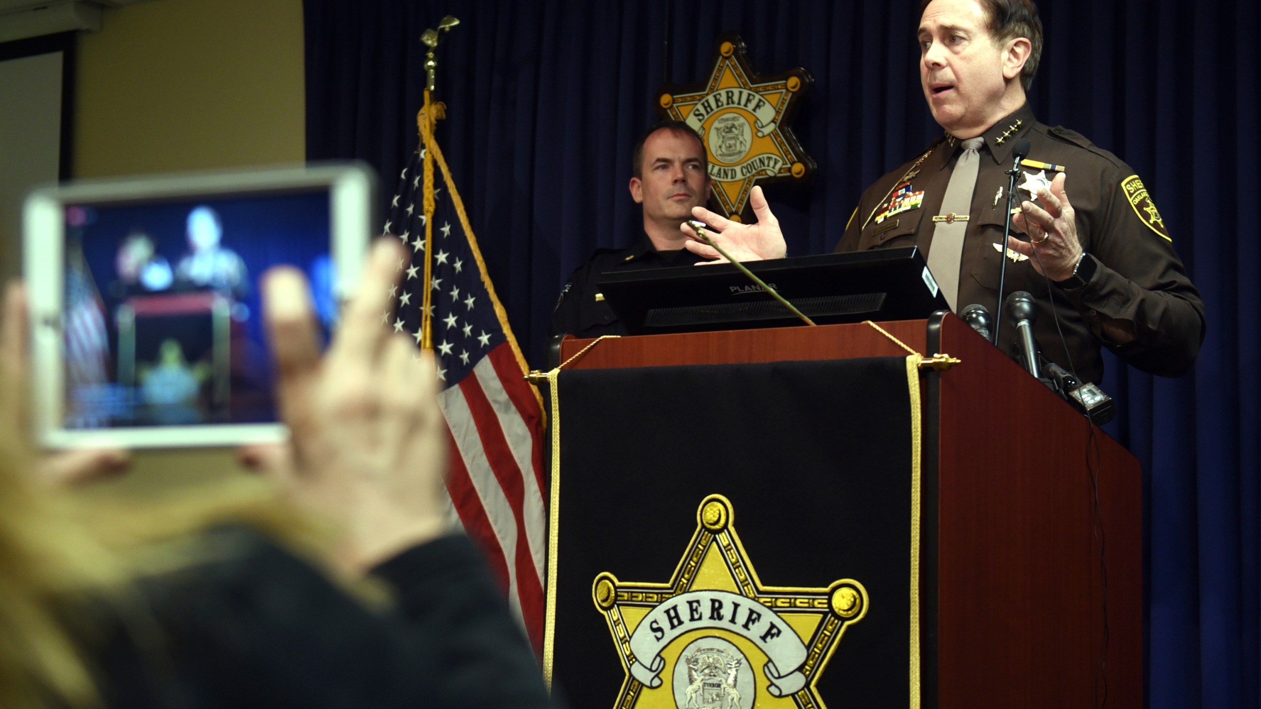 FILE - Oakland County Sheriff Mike Bouchard speaks during a news conference in Pontiac, Mich., Feb. 1, 2018. (Max Ortiz/Detroit News via AP File)