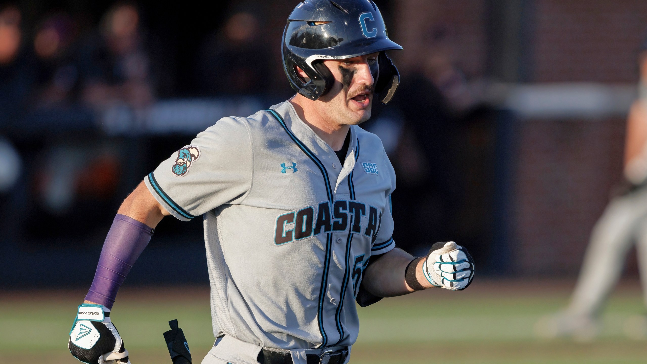 FILE - Then-Coastal Carolina player Derek Bender (53) runs to first base during an NCAA baseball game, Monday, April 10, 2023, in Buies Creek, N.C. (AP Photo/Ben McKeown, File)