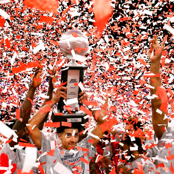 St. John's guard RJ Luis Jr. celebrates with Zuby Ejiofor after winning the Big East regular season conference title NCAA college basketball game against Seton Hall, Saturday, March 1, 2025, in New York. (AP Photo/Noah K. Murray)