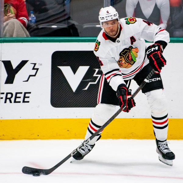 FILE - Chicago Blackhawks defenseman Seth Jones (4) looks to pass the puck to a teammate during the second period of an NHL hockey game against the Dallas Stars, Saturday, Oct. 26, 2024, in Dallas. (AP Photo/Emil T. Lippe, File)