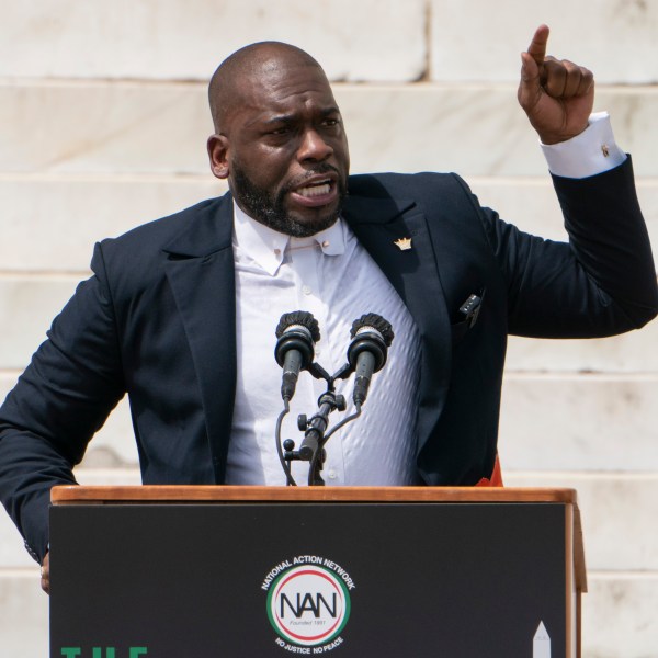 FILE - Jamal Bryant, senior pastor of New Birth Missionary Baptist Church, speaks during the March on Washington, Friday Aug. 28, 2020, at the Lincoln Memorial in Washington. (AP Photo/Jacquelyn Martin, Pool, File)