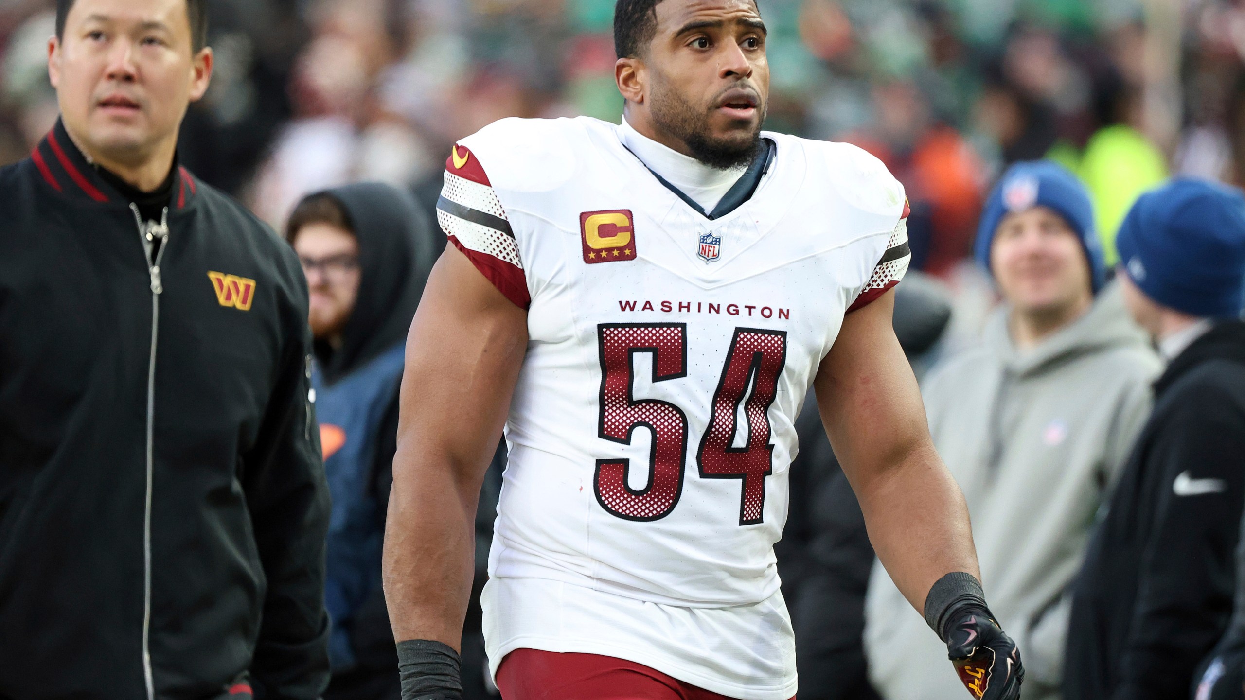 FILE - Washington Commanders linebacker Bobby Wagner (54) walks off the field during the NFC Championship NFL football game against the Philadelphia Eagles, Jan. 26, 2025, in Philadelphia. (AP Photo/Daniel Kucin Jr., File)