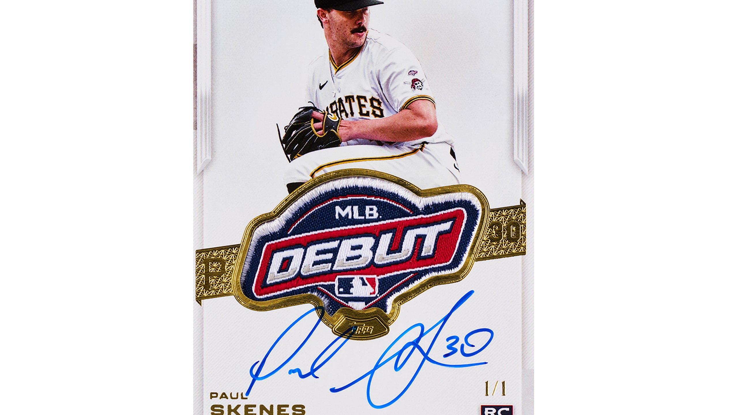 This image provided by Fanatics Collectibles shows a Topps rookie debut patch autograph card with Pittsburgh Pirates' Paul Skenes. (Fanatics Collectibles via AP)