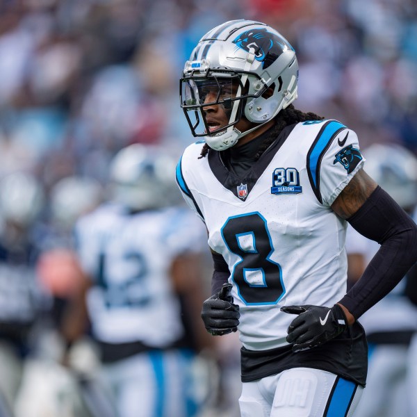 FILE - Carolina Panthers cornerback Jaycee Horn (8) plays during an NFL football game between the Carolina Panthers and the Dallas Cowboys on Dec. 15, 2024, in Charlotte, N.C. (AP Photo/Jacob Kupferman, file)