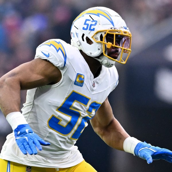 Los Angeles Chargers linebacker Khalil Mack defends in coverage during the first half against the Houston Texans in an NFL wild-card playoff football game, Jan. 11, 2025, in Houston. (AP Photo/Maria Lysaker, file)