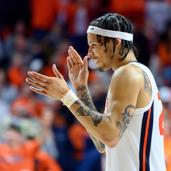 Illinois' Tre White celebrates during an NCAA college basketball game against Purdue, Friday, March 7, 2025, in Champaign, Ill. (AP Photo/Craig Pessman)