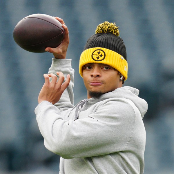 FILE - Pittsburgh Steelers quarterback Justin Fields (2) in action during an NFL football game against the Philadelphia Eagles, Sunday, Dec. 15, 2024, in Philadelphia. (AP Photo/Derik Hamilton, File)