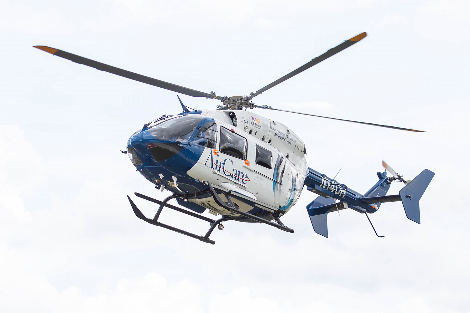 An AirCare helicopter flies in 2021. (Melanie Thortis/University of Mississippi Medical Center via AP)