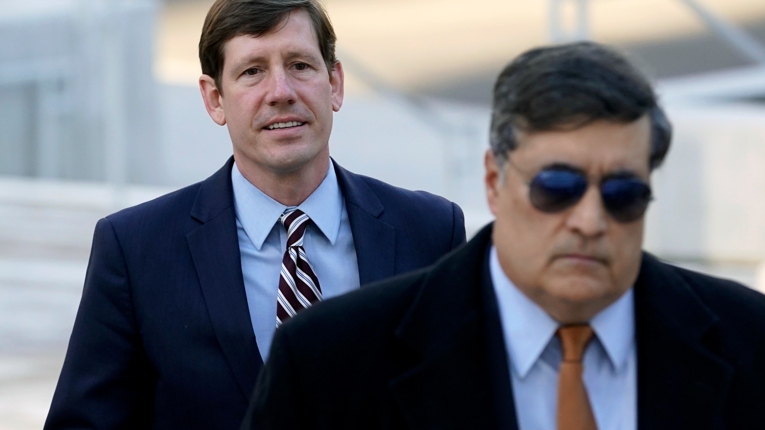 FILE - Former Tennessee Sen. Brian Kelsey, left, arrives at federal court, Nov. 22, 2022, in Nashville, Tenn. (AP Photo/Mark Humphrey, File)