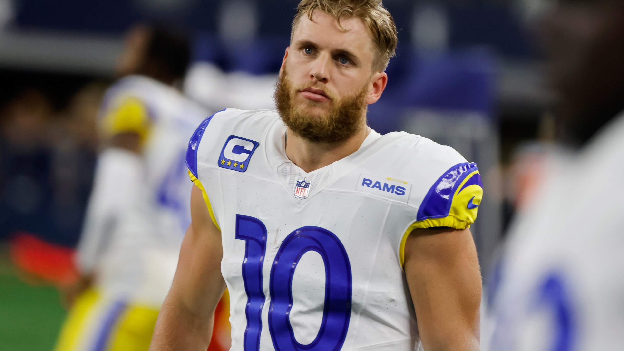 FILE - Los Angeles Rams wide receiver Cooper Kupp (10) walks on the sideline during an NFL football game in Arlington, Texas, Sunday, Nov. 29, 2023. (AP Photo/Michael Ainsworth, File)