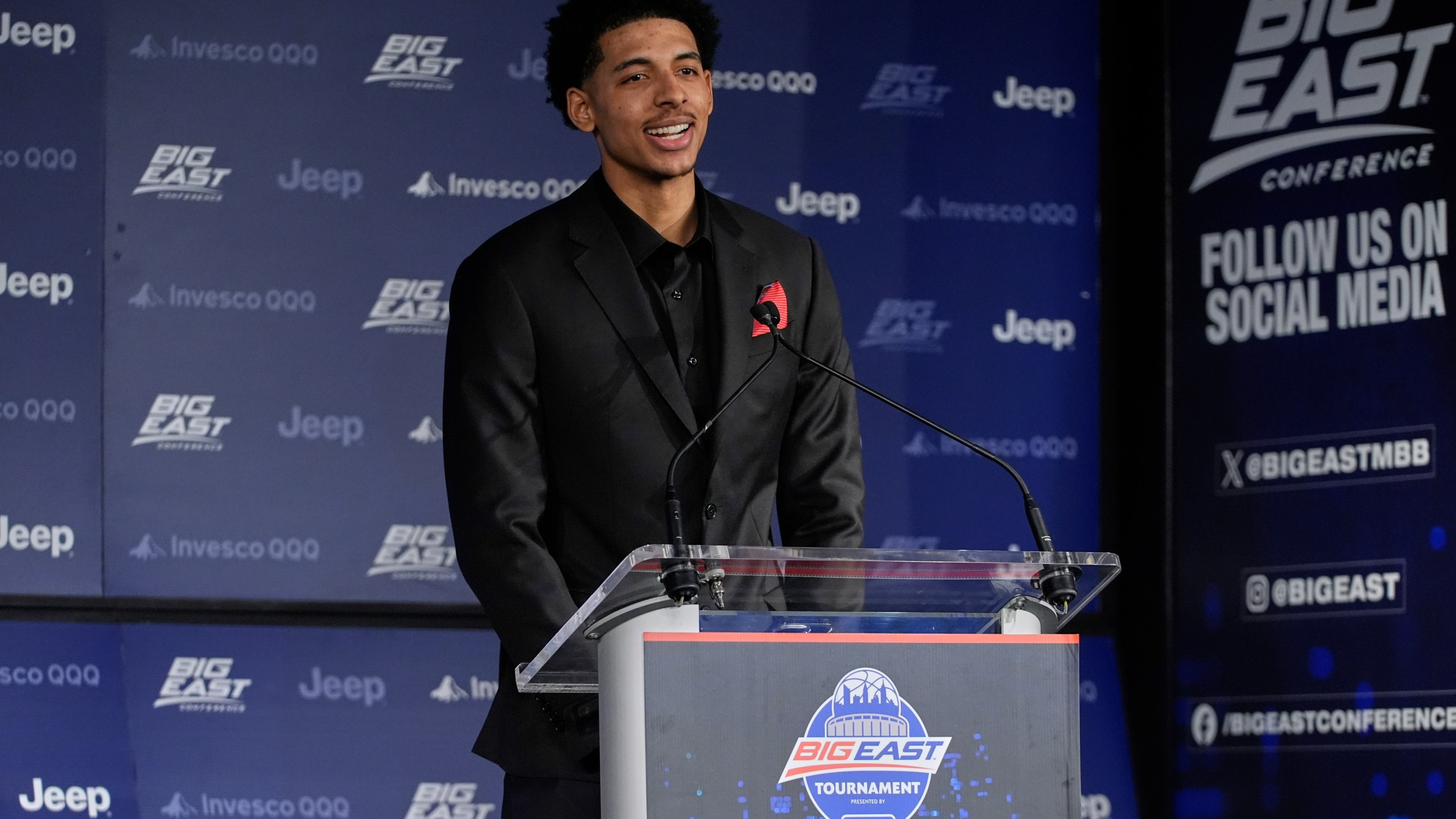 St. John's RJ Lewis speaks during a news conference after being named Big East Conference Player of the Year before the Big East basketball tournament Wednesday, March 12, 2025, in New York. (AP Photo/Frank Franklin II)