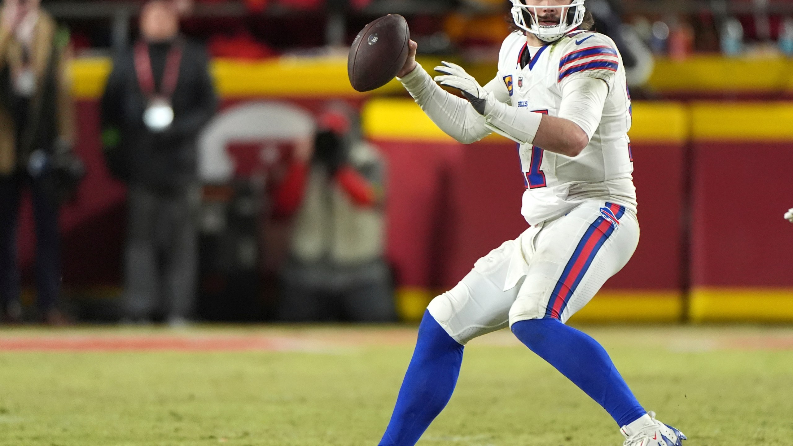 FILE - Buffalo Bills quarterback Josh Allen looks to pass during the second half of the AFC Championship NFL football game against the Kansas City Chiefs, Monday, Jan. 27, 2025, in Kansas City, Mo. (AP Photo/Charlie Riedel, File)